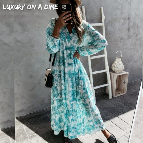 Boho Jungle Modest Ruffle Tie Mock Neck Long Sleeve Tiered Oversized Maxi Dress - Picture 2 of 10